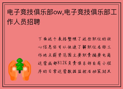 电子竞技俱乐部ow,电子竞技俱乐部工作人员招聘